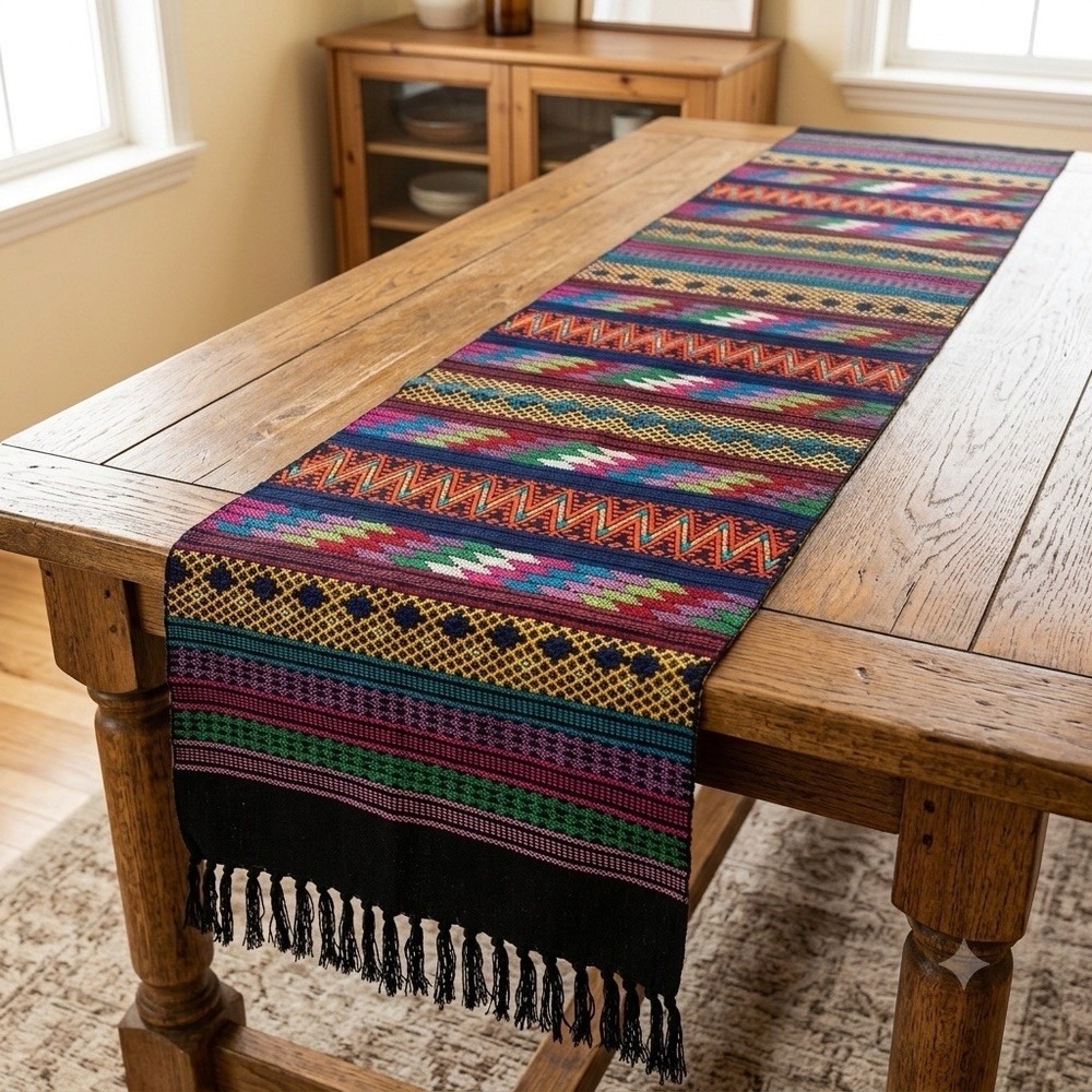 VTG Handwoven Guatemalan Table Runner Geometric pattern Wall hanging 16x40"